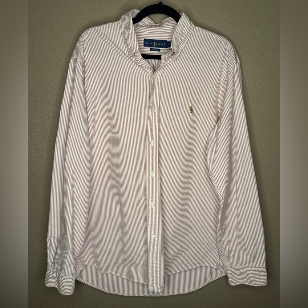 Ralph Lauren Men's Classic Fit Pink & White Striped Button Down Shirt Size Large